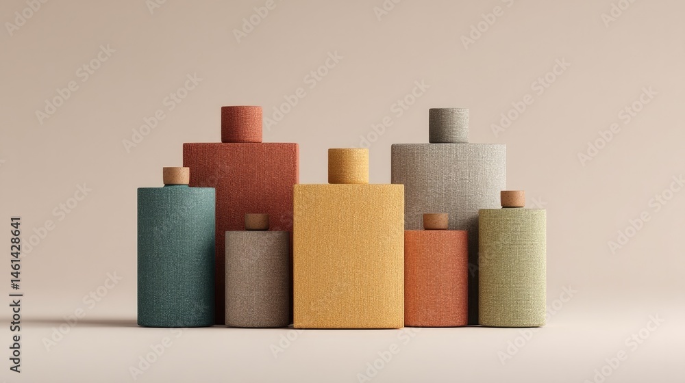 Poster retro packaging designs with varied shapes and colors showcasing different textures in minimalistic 