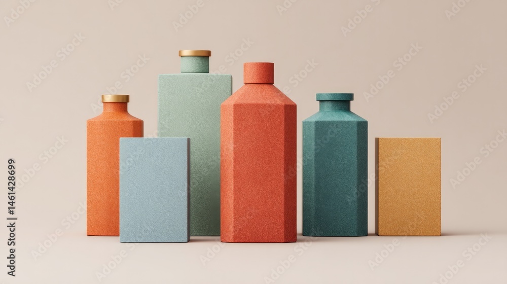 Poster retro packaging designs with varied shapes and colors showcasing different textures in minimalistic 