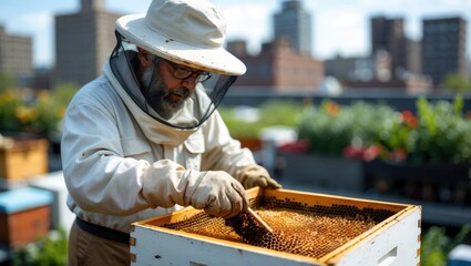 Beekeeper Inspecting Honeycomb Frame on Rooftop