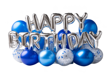 Happy birthday balloons in blue hues with shiny lettering and decorative elements. Png, Transparent background.