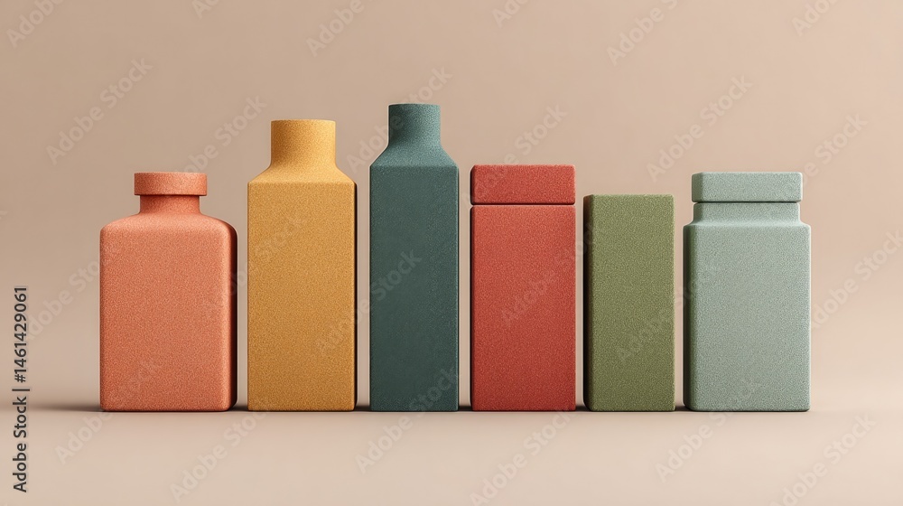 Poster retro packaging designs with varied shapes and colors showcasing different textures in minimalistic 