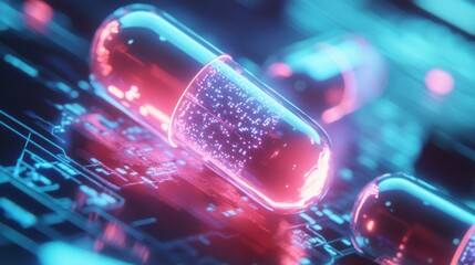 Colorful digital representation of capsules, abstract medical background emphasizing healthcare and biotechnology innovation, vibrant details.