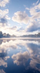 Obraz premium Cloud reflections on serene lake surface daytime landscape