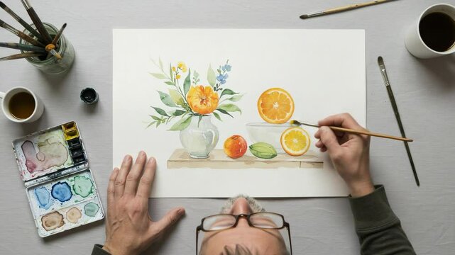 Artistic Creation of Citrus Still Life: A Middle-Aged Caucasian Male Artist Painting Vibrant Oranges and Flowers in a Cozy Studio Setting with Watercolors