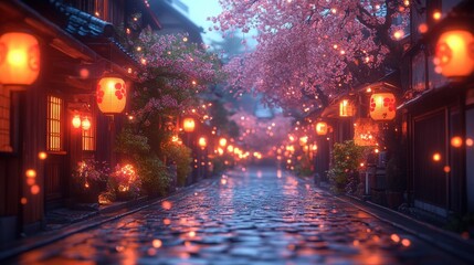 Obraz premium Glowing lanterns illuminate a quiet, rainy street lined with cherry blossoms