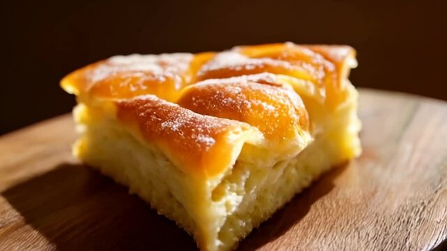 Close Up of Golden Brown Pan de Nata Slice on Wooden Board Garnished with Powdered Sugar Featuring a Soft Texture with  Rich Flavor