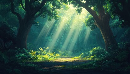 Fototapeta premium Sunlight streams through a lush forest path
