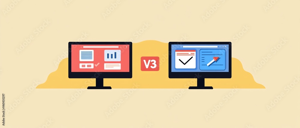 Poster software evolution represented by two computer screens showcasing version updates