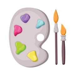 Drawing kit. An artist's palette with five bright colors and two brushes with orange bristles.