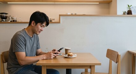 Young man enjoying coffee and pastry while using smartphone in café. Young Asian man in coffee shop with smartphone, copy space.