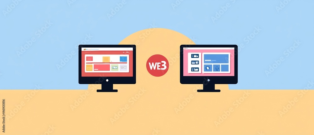 Poster decentralized web concept: two computers networking for web3 communication