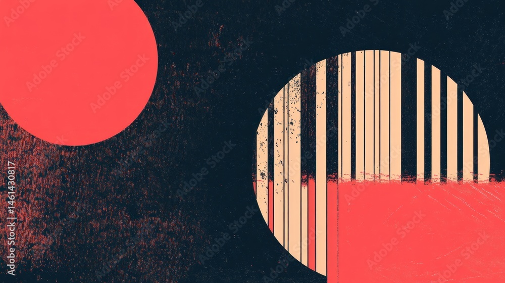 Poster abstract art with red circles and textured background.