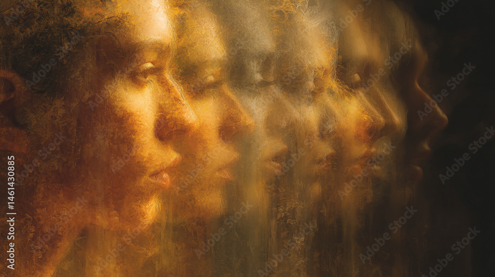 Poster abstract image of overlapping faces in gold tones, creating a sense of mystery and depth, showcasing