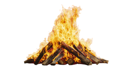 Png of A vibrant bonfire blazing with flames, casting a warm glow, surrounded by wooden logs in a darkened setting.