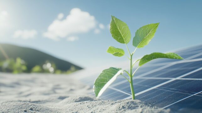 Sunlight hitting solar panels, green plant sprouting nearby, emphasizes sustainable energy and eco-friendly technology, bright atmosphere.