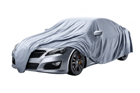 A car covered with a protective cover, showcasing its sleek design. Png, Transparent background.