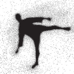 A silhouetted figure performs a dynamic martial stance.