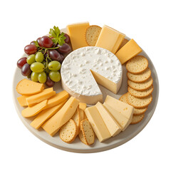 A cheese platter with brie, cheddar, grapes, and crackers, arranged neatly on a clean solid background.