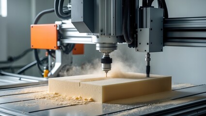 CNC router cuts foam block