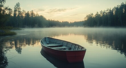 Obraz premium A tranquil scene of Misty Lake at dawn features a rowboat, fog, and calm water, surrounded by trees and nature, with a perfect reflection