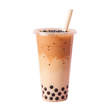 A bubble tea (boba) drink with black tapioca pearls, wide straw, and gradient milk tea layers, isolated on white background.