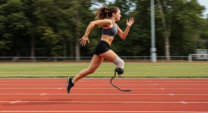 Dynamic Female Athlete with Prosthetic Leg on a Track - Showcasing Resilience, Speed, and Empowerment in the Realm of Adaptive Sports