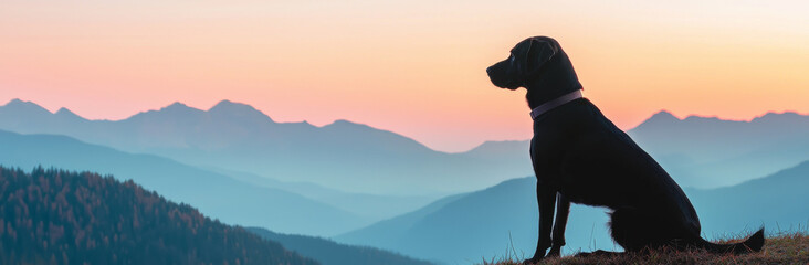 black dog sits on hilltop, gazing at stunning sunset over mountains, creating serene and peaceful atmosphere