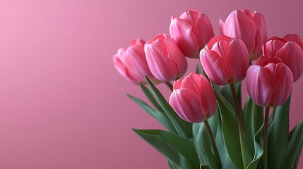 Pink tulips and a gift box on a pastel pink background, a Mother's Day concept banner with copy space for text.