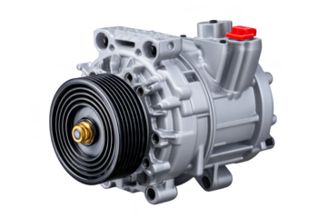 Automotive air conditioning compressor with detailed mechanical features. Png, Transparent background.