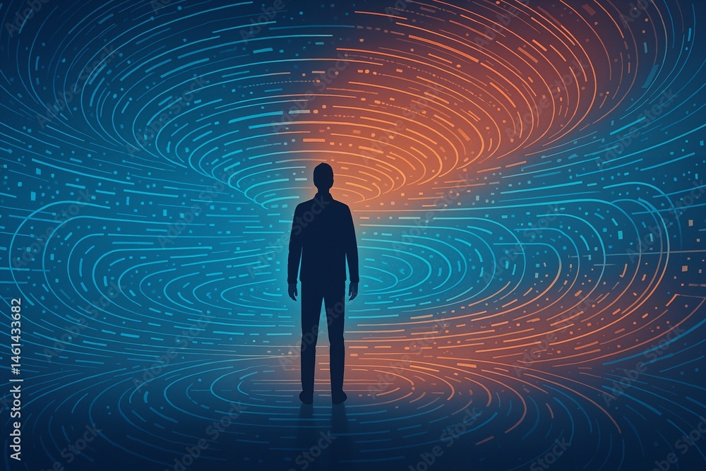 Poster a contemplative silhouette amidst a dynamic flow of energy, representing connection and reflection i
