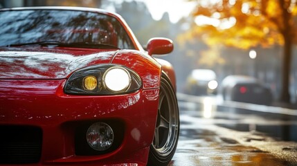 Red Vehicle Shines on Wet City Roads with Glowing Lights in Autumn Season