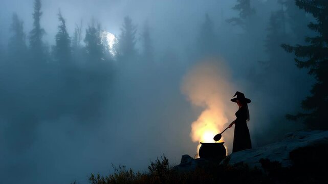 A shadowy figure in a pointed hat stirring a cauldron amidst a misty forest setting, creating an atmosphere of mystery and allure, reminiscent of fantasy and magic.