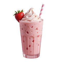 A strawberry milkshake with visible fruit seeds and creamy swirls, isolated on white background.