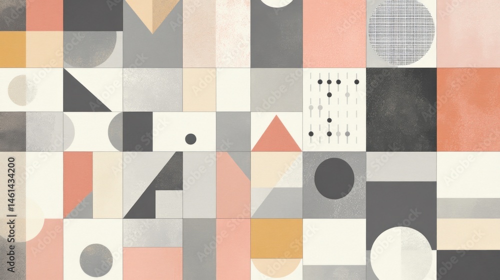 Poster abstract geometric pattern with muted colors and textured shapes in a grid.
