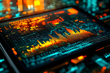 Interactive digital display screen showing complex data visualizations.
