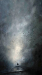 Silhouette of person walking towards light, amidst flock of birds and textured gray sky, representing hope, journey, or solitude