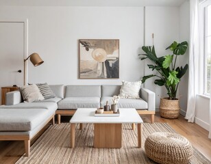 Fototapeta premium A Harmonious Living Roomoom Blending Japandi, Scandi, and Modern Warmth