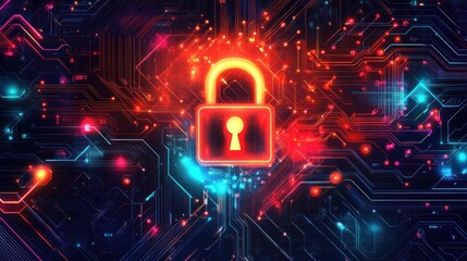 Obraz premium Cybersecurity lock on circuit board. Digital security concept
