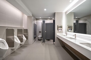 Modern Men’s Bathroom Interior Featuring Sleek Design Elements, Wall-mounted Urinals, Quality Fixtures, and Ample Lighting in an Urban Space
