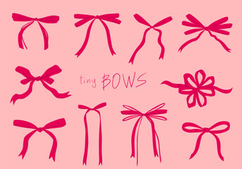 Tiny satin ribbon bows collection. Delicate hand drawn decorations. Vector flat cartoon illustration isolated objects.
