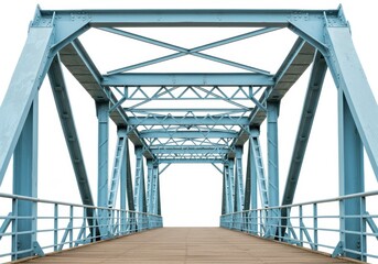 Fototapeta premium Steel bridge structure with wooden planks and blue painted metal framework