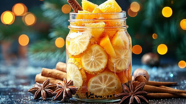 Festive citrus drink in a mason jar, garnished with cinnamon sticks and star anise