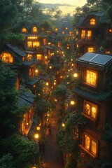 Idyllic village with glowing windows and lush foliage at dusk creates ambiance