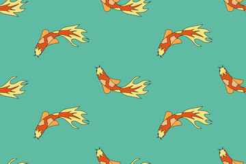 Seamless pattern with colorful Koi fish on a blue background. Summer sea background.