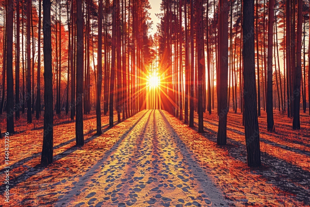 Poster path through trees with sunlight shining in the distance.