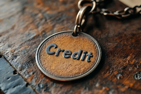 Close-up of a rustic metal dog tag with the word "Credit" embossed. - Powered by Adobe