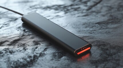 Sleek black rectangular device charging on dark surface, red light indicator.
