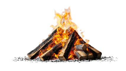 Png of A vibrant campfire crackles with bright flames, surrounded by logs, providing a warm and inviting glow in the night.