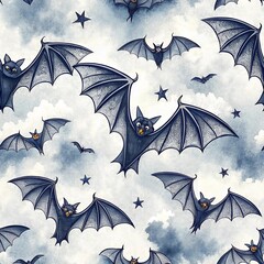 Seamless vector pattern with cartoon clouds and bats in the sky.