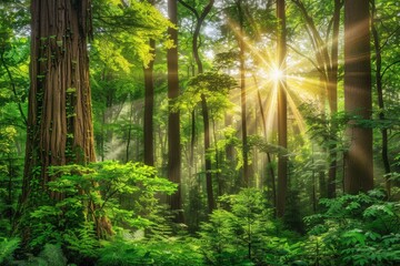 Obraz premium Sunlight filters through a dense green forest.
